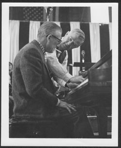 Hoagy Carmichael and Chas "Bud" Dant at the piano during a rehearsal of "Stardust over Indiana" Show, Indianapolis Coliseum, Indiana.