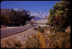 View west up Mt. Whitney road from Lone Pine California. Mt. Whitney in distance.