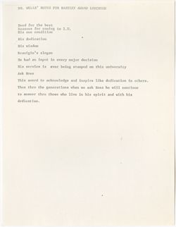 "Dr. Wells notes for E. Ross Bartley Award Luncheon," June 29, 1972