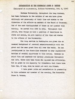 "Introduction of the Honorable James E. Watson" -Indiana University, Convocation Dec. 5, 1939