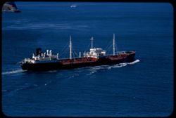 Standard Oil tanker entering San Francisco Bay seen from Golden Gate bridge.