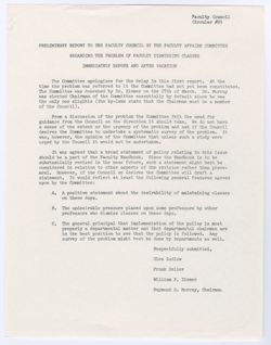 85: Report of the Faculty Affairs Committee Regarding the Problem of Dismissing Classes Immediately Before and After Vacation, ca. 06 May 1969