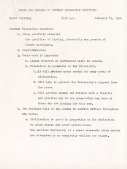 "Notes for Remarks to Student Foundation Committee." -Indiana University Union Building. Feb. 19, 1950