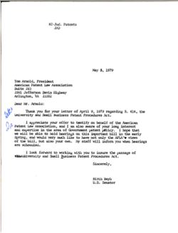 Letter from Birch Bayh to Tom Arnold of the American Patent Law Association, May 8, 1979