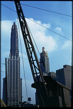 Mather Tower and Carbide Bldg. from head of Rush St. - Chicago