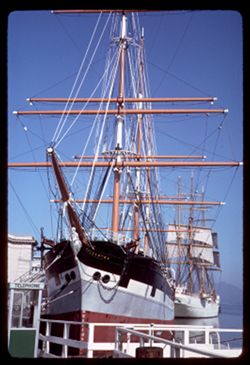 4-master BALCLUTHA at Pier 43 in front of U.S. Coast Guard's EAGLE