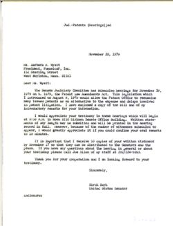 Letter from Birch Bayh to Barbara N. Wyatt of FunnelcaP Inc., November 20, 1979