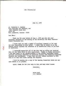 Letter from Birch Bayh to Dean F. N. Andrews of Purdue University, June 14, 1979