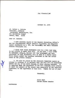 Letter from Birch Bayh to Walter D. Syniuta of Advanced Mechanical Technologies, Inc., October 19, 1979