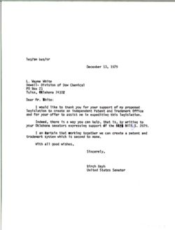 Letter from Birch Bayh to L. Wayne White of Dowell-Division of Dow Chemical, December 13, 1979