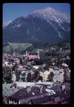 Across lnnsbruck house tops toward Nordkette from top of Stadtturm Innsbruck