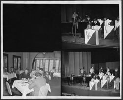 Series of three photos of Hoagy Carmichael in rehearsal with Fred Dale Orchestra, and Hoagy Carmichael sitting at a restaurant.