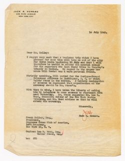 14 July 1949: To: Frank Kelley. From: Jack R. Howard.