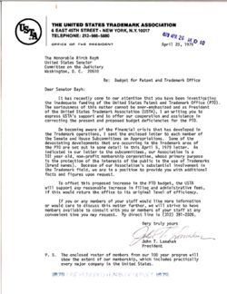Letter from John T. Lanahan of the United States Trademark Association to Birch Bayh, April 20, 1979