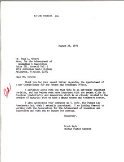 Letter from Birch Bayh to Paul L. Gomory of the Association for the Advancement of Invention and Innovation, August 20, 1979