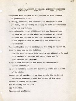 "Notes for Address of Welcome, Methodist Conference." -Indiana University Auditorium. June 17, 1942