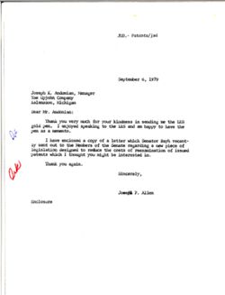 Letter from Joseph P. Allen to Joseph K. Andonian of The Upjohn Company, September 6, 1979