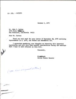 Letter from Birch Bayh to John P. Sutton, October 5, 1979