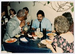 Luis and Lupe Valdez with Phyllis Klotman and unidentified man at restaurant during Pan Am Festival