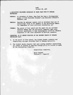 R-23 Resolution Welcoming Secretary of State Dean Rusk to Indiana University, 26 October 1967