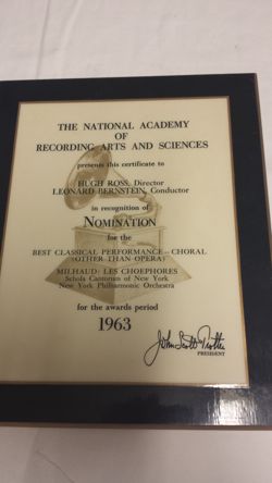Grammy Nomination Award 1963 - Classical Performance, Choral (Milhaud)