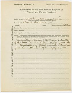 Biedermann, Clara A. - Non-military gov't service Committee on Women and Children in Industry, of the State Council of Defense, Ill. and registration of alien women Americanization Committee