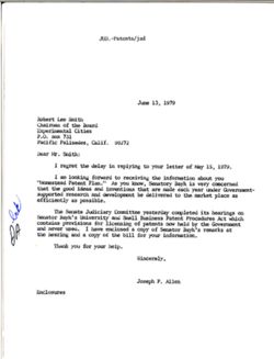 Letter from Joseph P. Allen to Robert Lee Smith of Experimental Cities, June 13, 1979