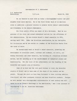 "Convocation Introduction of J. Kubitschek." -Auditorium March 22, 1962
