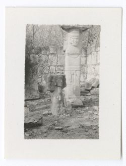 Item 0844. - 0847a. Stone statues at unidentified site (possibly the Southeast Colonnade). Large, light- 847a colored figures holding dark square blocks on their heads. Smaller, darker figures beside them. Details of scene in Item 181 above.