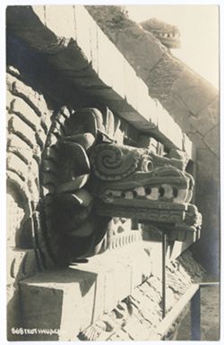 Item 41. "868 Teotihuacan". Close-up of serpent's heads.