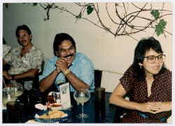 Luis Valdez with wife Lupe Valdez at restaurant during Pan Am Festival
