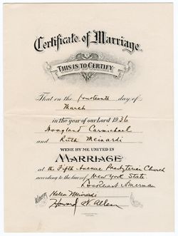 Certificate of marriage: Hoagy Carmichael and Ruth Meinardi, Mar. 14, 1936