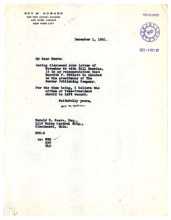 1 December 1931: To: Harold E. Neave. From: Roy W. Howard.
