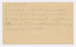 Postcard from A. Dranes to E.A. Fearn with change of address information, October 12, 1928