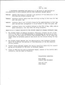 R-25 Resolution Concerning the Withdrawal of the Offer of Vice-Chancellor of African-American Affairs from Professor Orlando Taylor, 15 May 1969