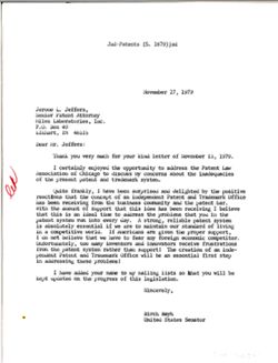 Letter from Birch Bayh to Jerome L. Jeffers of Miles Laboratories Inc., November 27, 1979