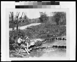 Boy with dog, fishing in stream