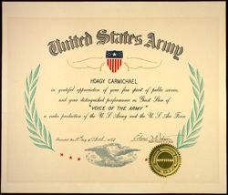 United States Army. In appreciation for distinguished performance as guest star of "Voice of the Army," a radio production of the U.S. Army and the U.S. Air Force.