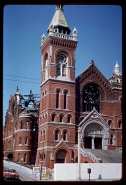 Shell of St. Mary's Cathedral after fire. Van Ness + O'Farrell.
