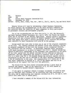 Memo from Joe to Senator re Nelson Small Business Innovation bill, September 10, 1979