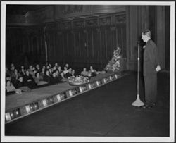 Hoagy Carmichael speaking to an audience at the Carlton Theatre.