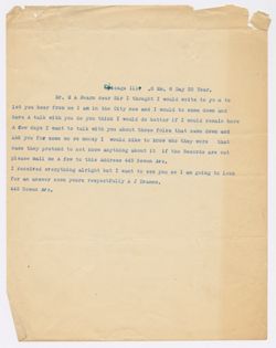 Dranes to E.A. Fearn notifying him she is in Chicago and requesting meeting, August 6, 1928