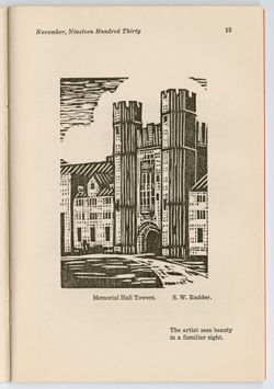 "Memorial Hall Towers," [Woodcut], S. W. Rudder