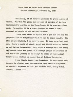 "Notes Used at Union Board Reunion Dinner" -Indiana University Nov. 24, 1939