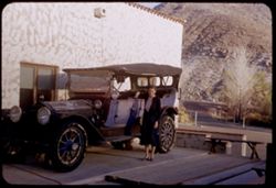 Jean and ancient Packard auto at Scotty's Castle Death Valley