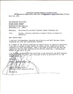 Letter from Wayne H. Coloney of Machine Systems Design and Fabrication to Birch Bayh, March 26, 1979