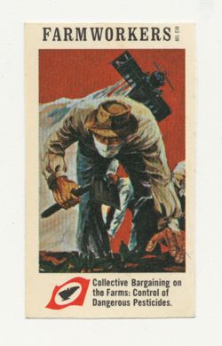 Stamp depicting workers around dangerous pesticides