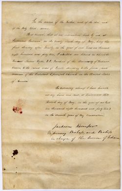 Document admitting Andrew Wylie to the "Sacred Order Of Priests" of the Episcopal Church, signed by Bishop Jackson Kemper, 30 May 1842
