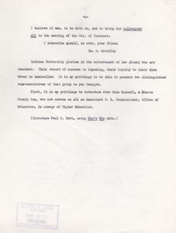 "Remarks at Alumni Dinner Honoring John Dale Russell and Paul Mort." -Indiana University Alumni Hall. July 11, 1951