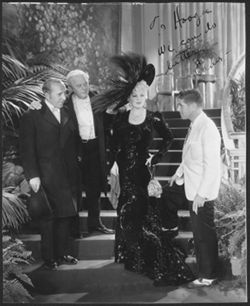 Charles Butterworth, Charles Winninger, Mae West, and A. Edward Sutherland rehearsing an entrance to Rector's.